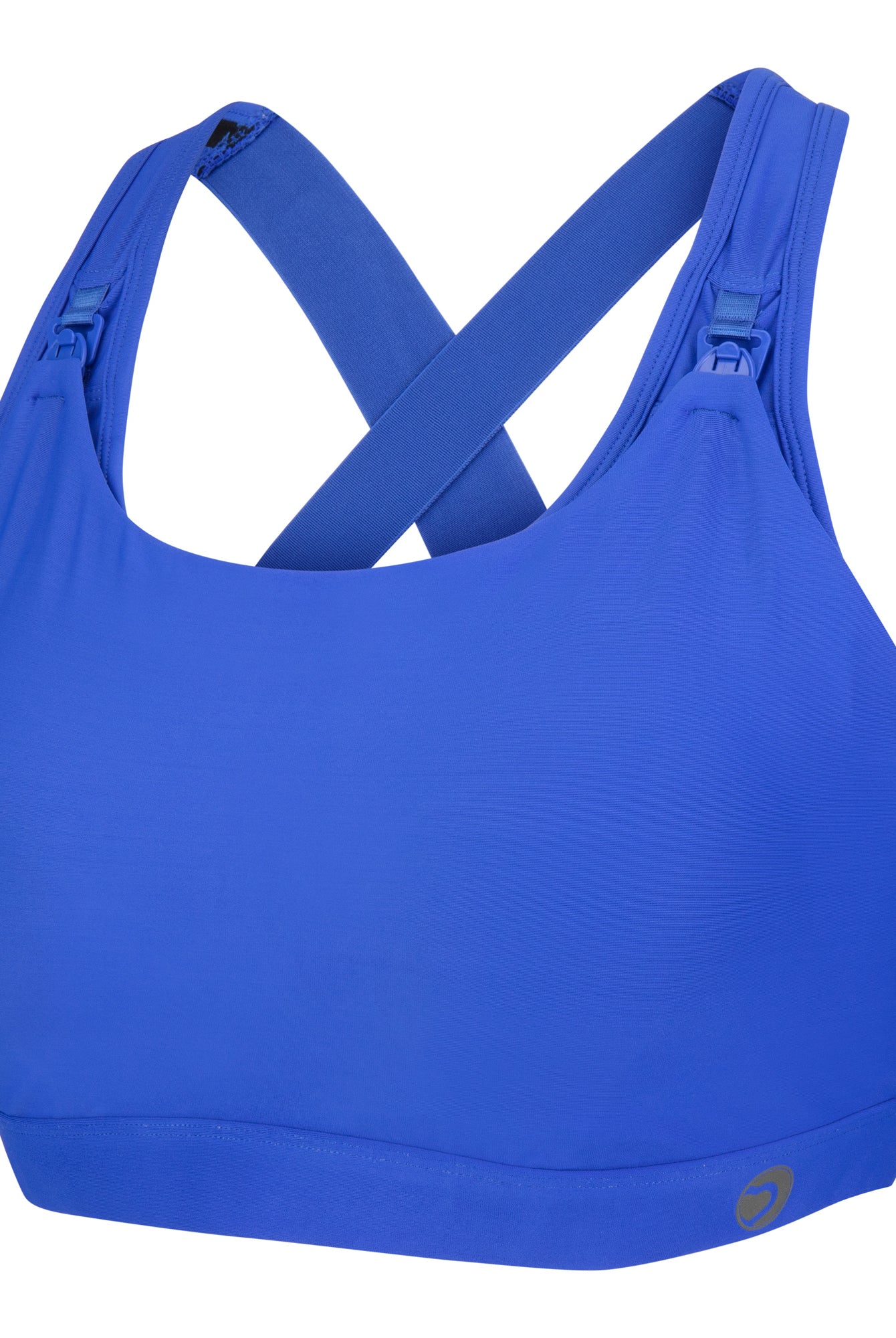 nursing sports bra, blue, side view, cut out shot