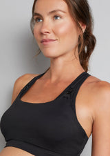 Nursing sports bra, black on model