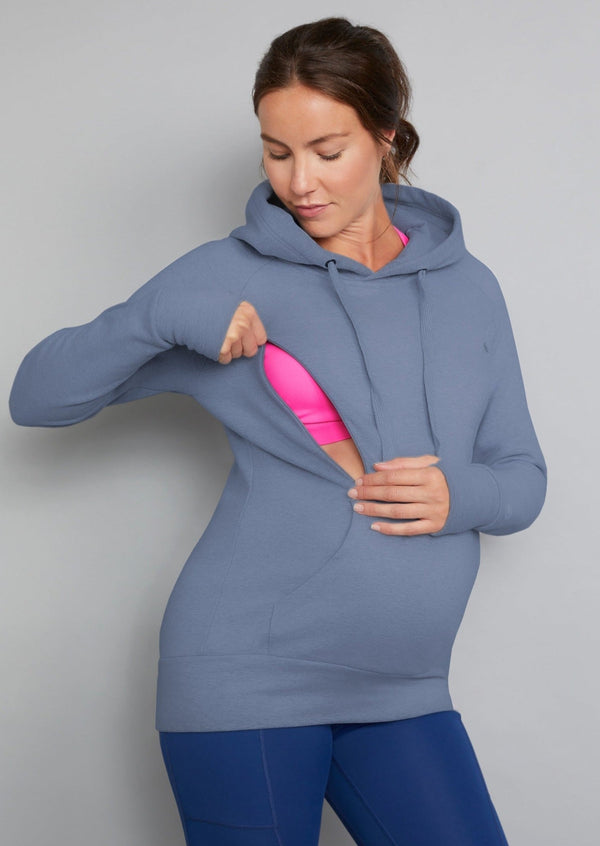 Breastfeeding hoodie on model