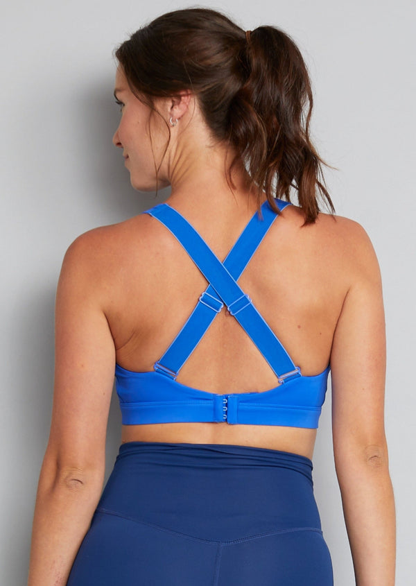 nursing sports bra, blue, back view, crossed straps