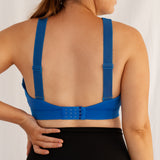 nursing sports bra, blue, back view straight straps