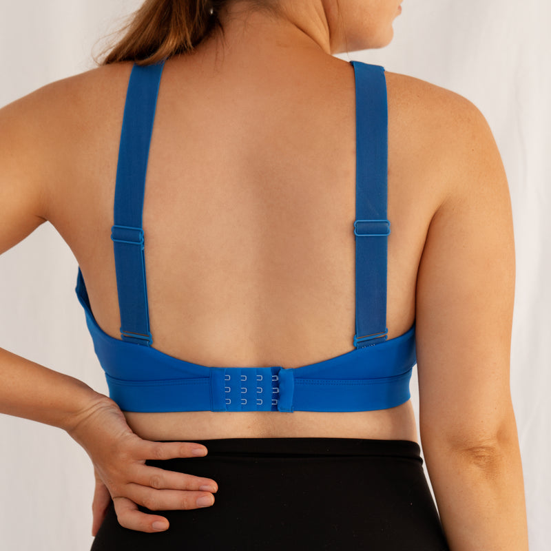 nursing sports bra, blue, back view straight straps